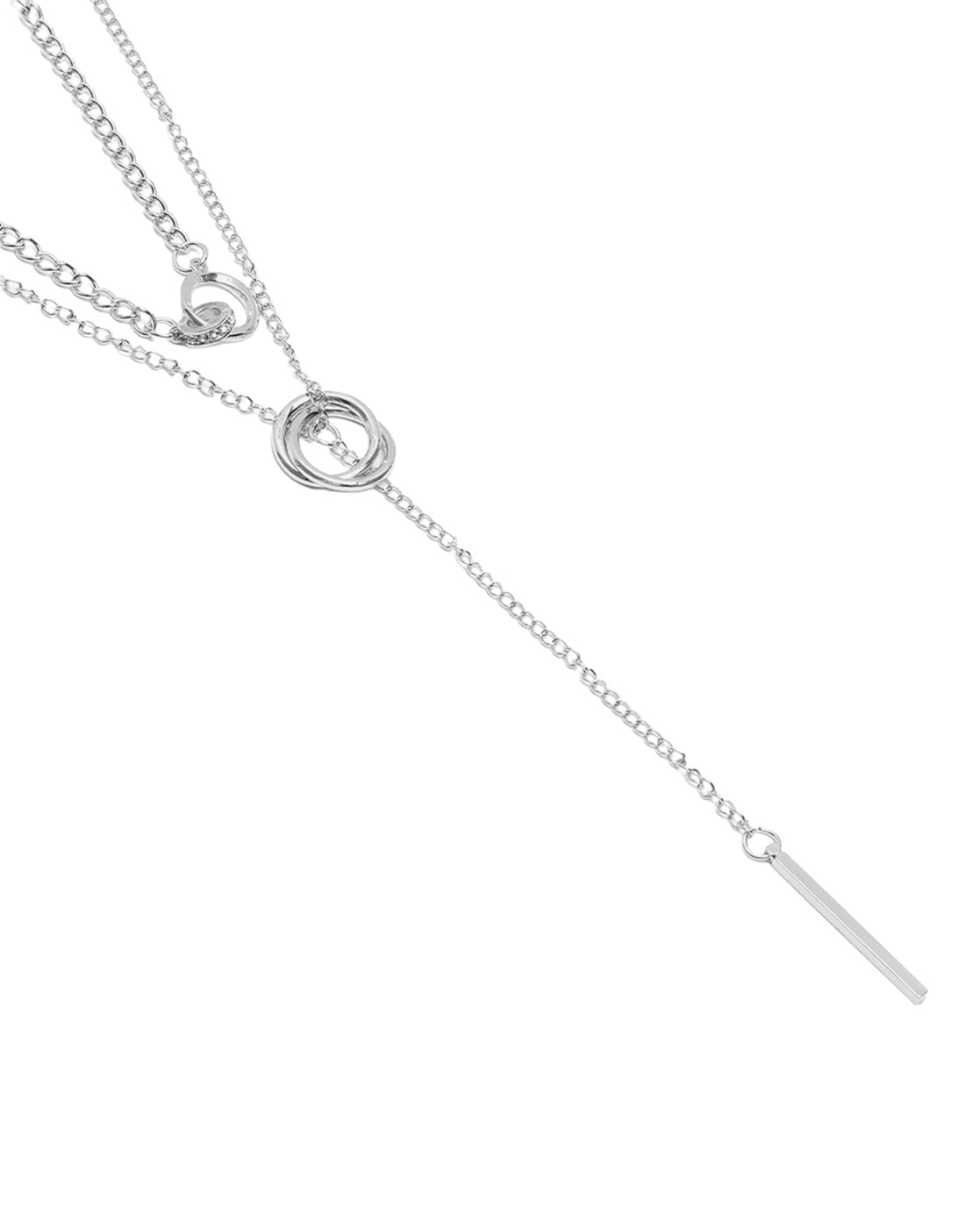 Silver Plated Dangling Bar and Interlinked Ring Lariat Layered Necklace