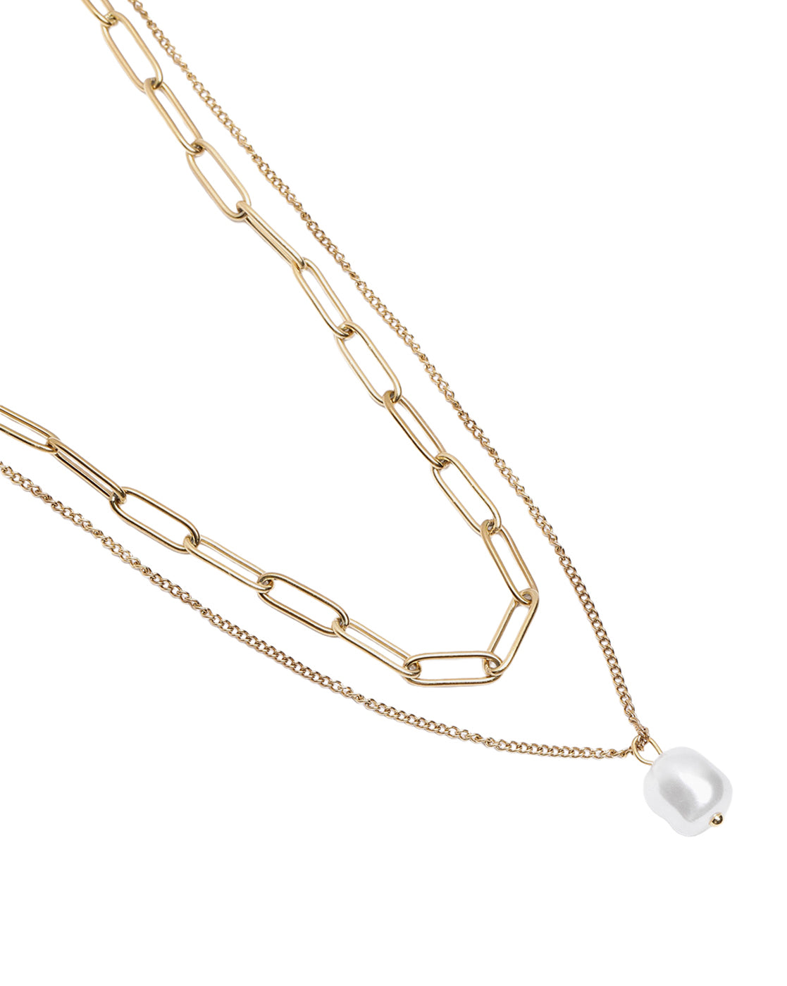 Gold Plated Modern Dangling Organic Pearl & Paperclip Chain Layered Necklace