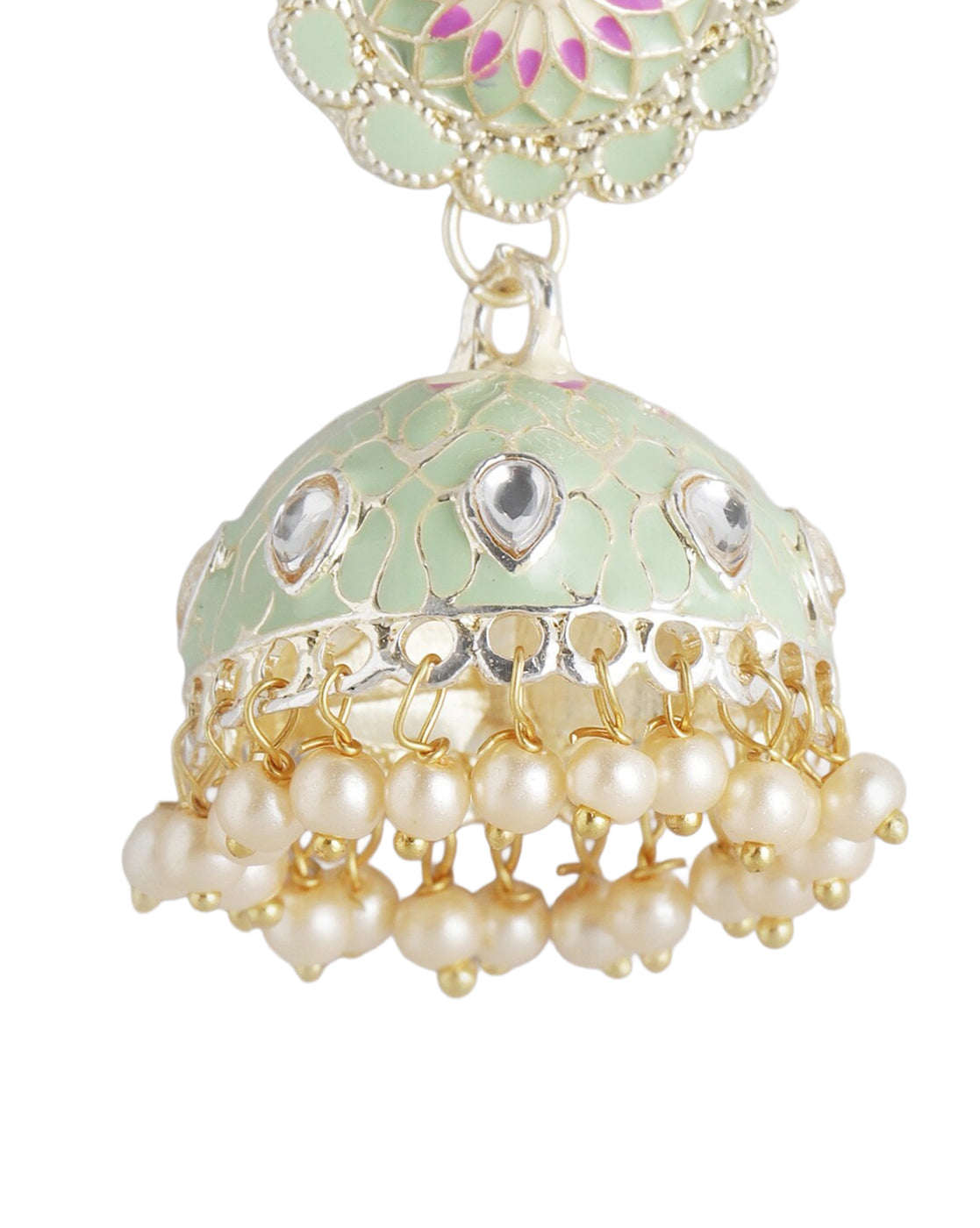 Gold Plated Kundan and Pearl Green Enamel Floral Dome Jhumka Earring