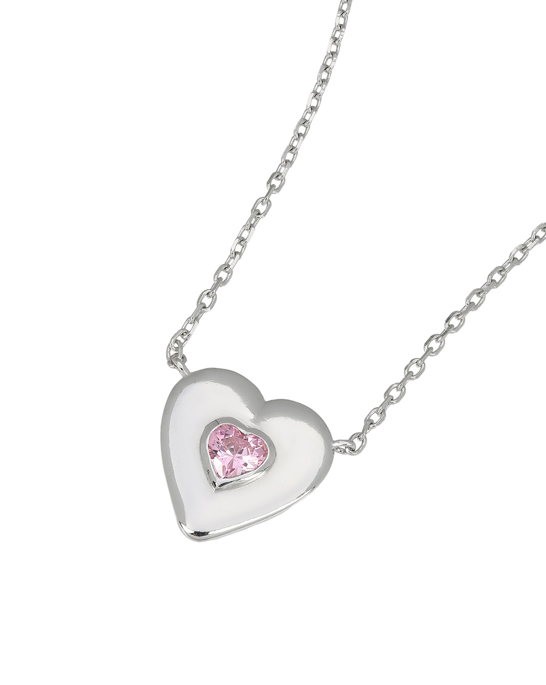 Rhodium Plated Solitaire Studded Heart Pendant and Chain Necklace