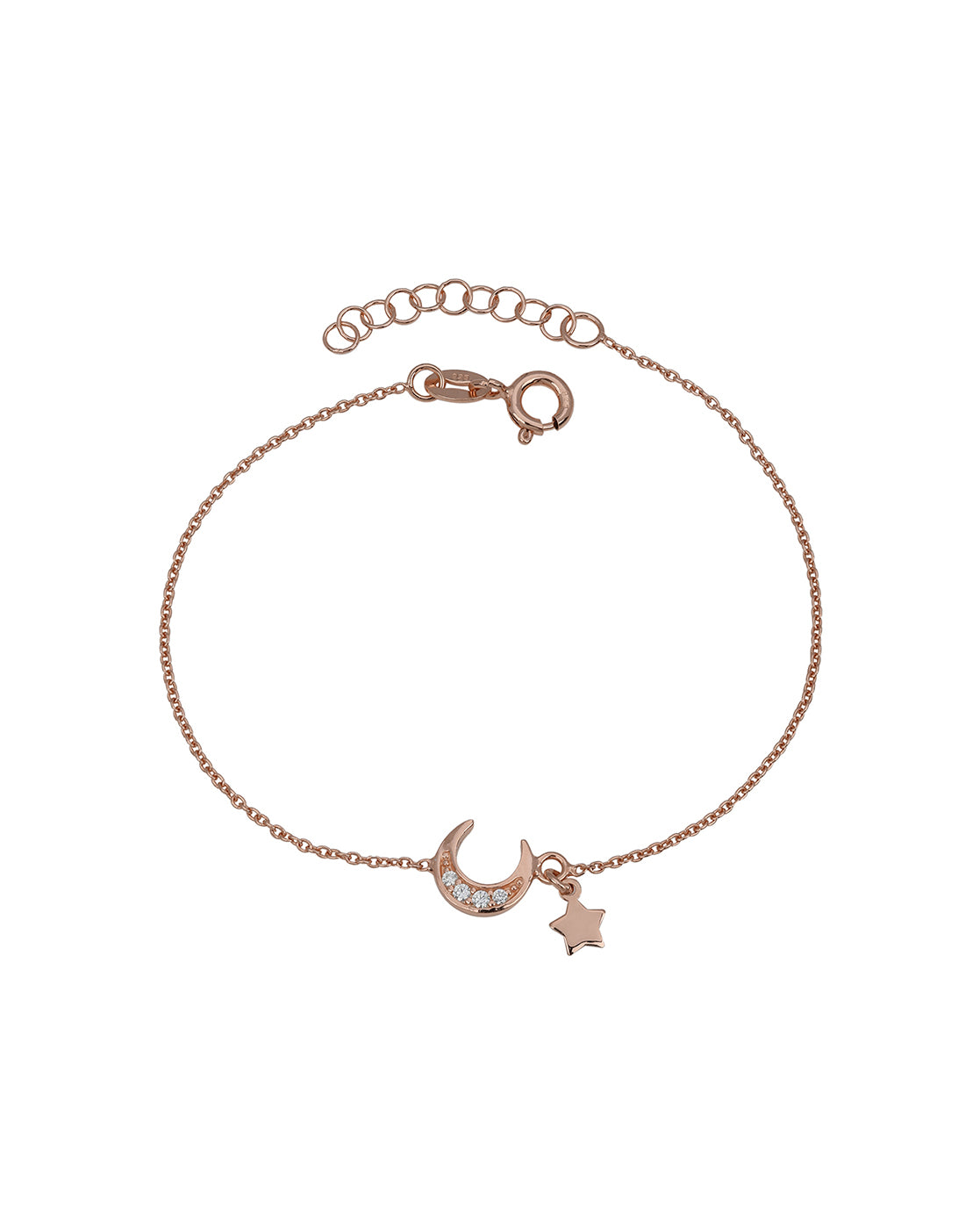 925 Sterling Silver 18kt Rose Gold Plated CZ Moon and Star Charm Bracelet