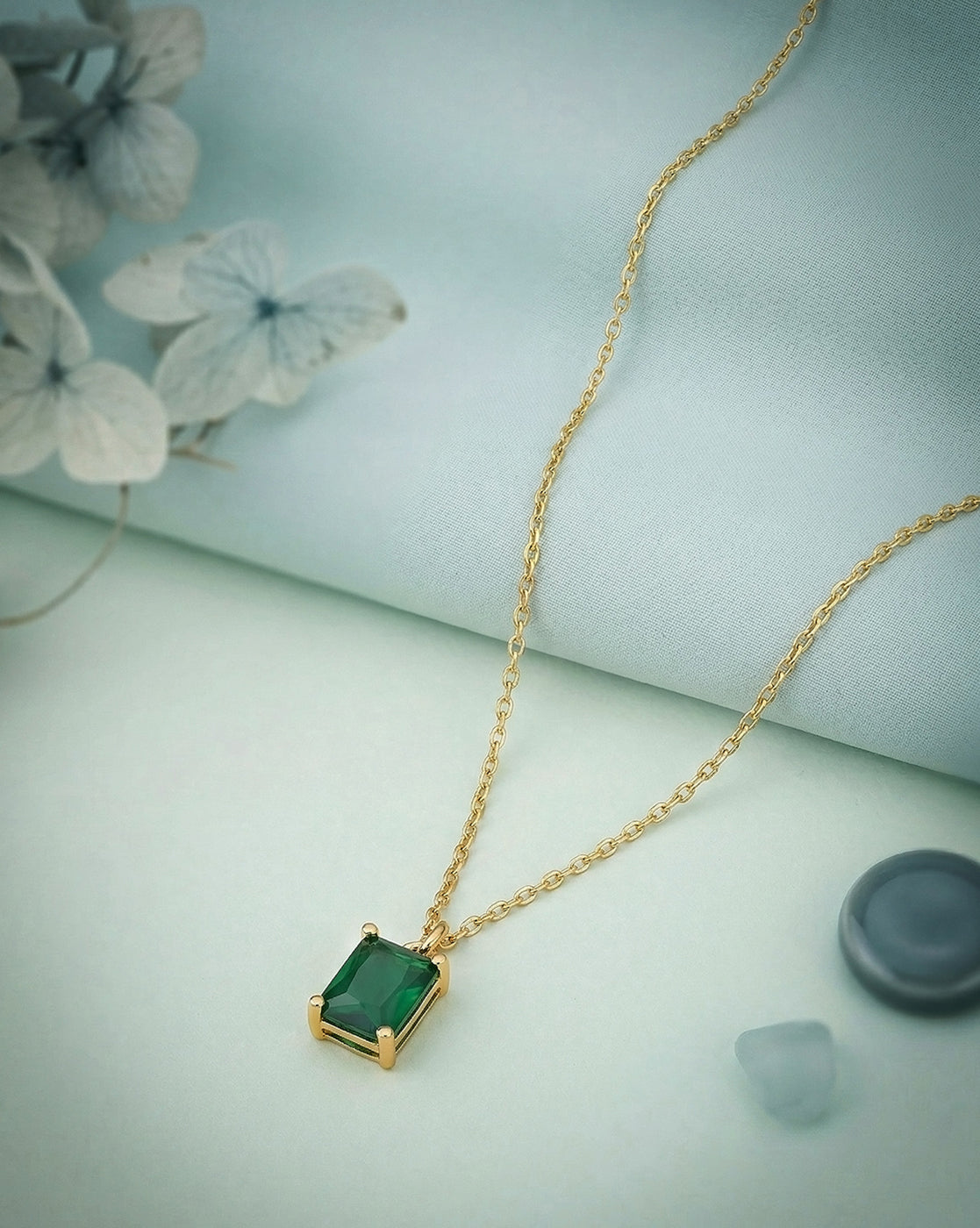 18kt Gold Plated Green Stone Square Pendant and Chain