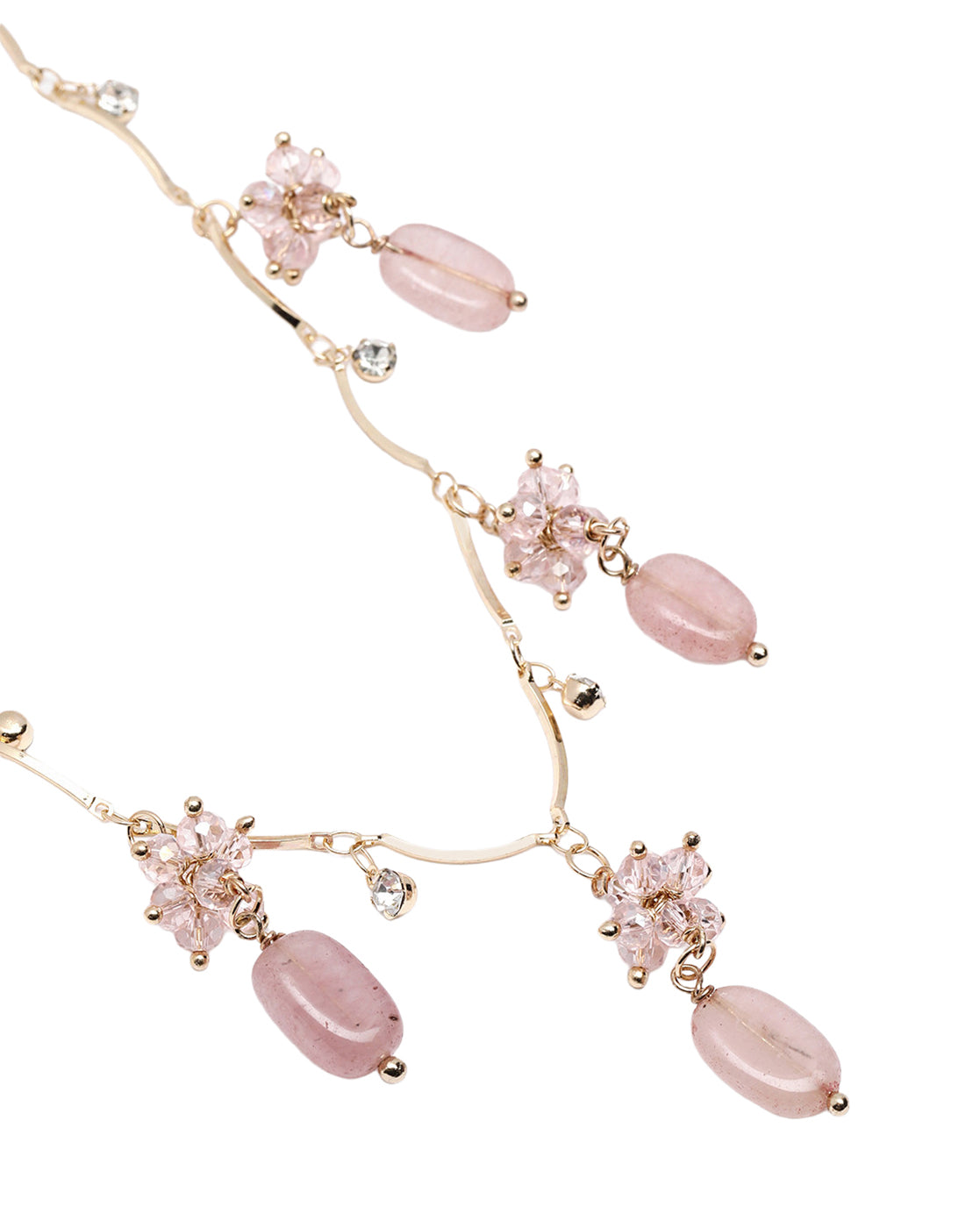 Gold Plated Dainty Rose Pink Beaded Floral Wave Necklace