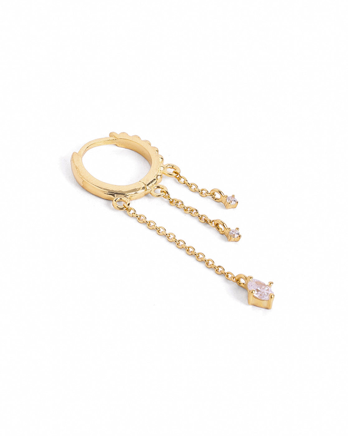 18kt Gold Plated Dangling Chain Studded Huggie Hoop Earring