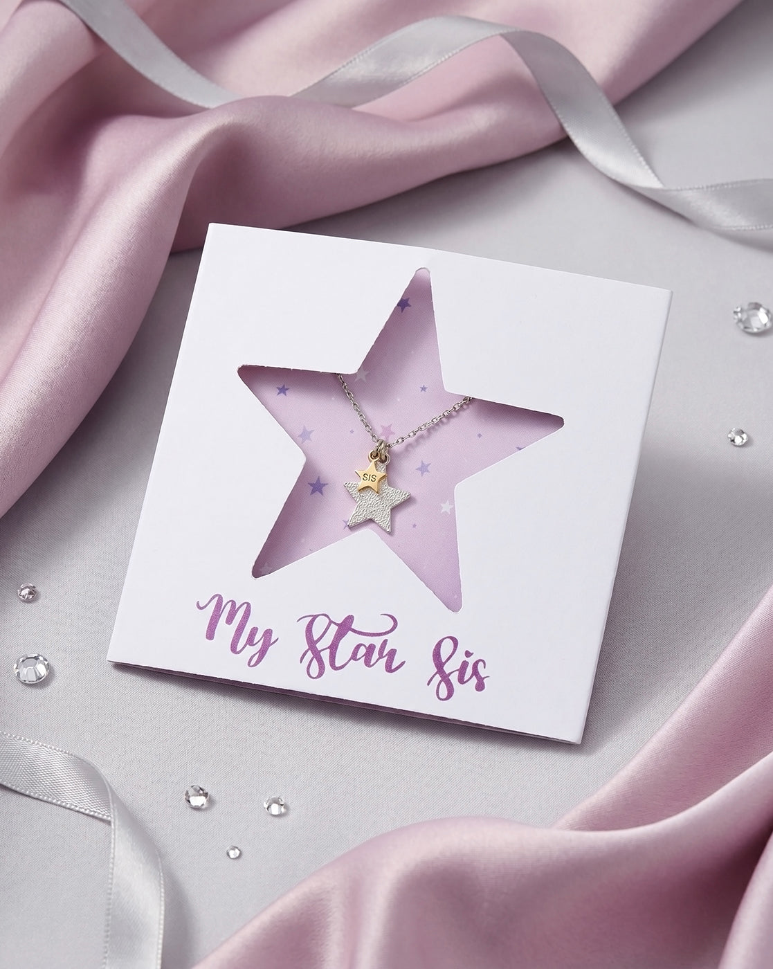 18kt Gold and Rhodium Plated Double Star Sis Pendant with Chain