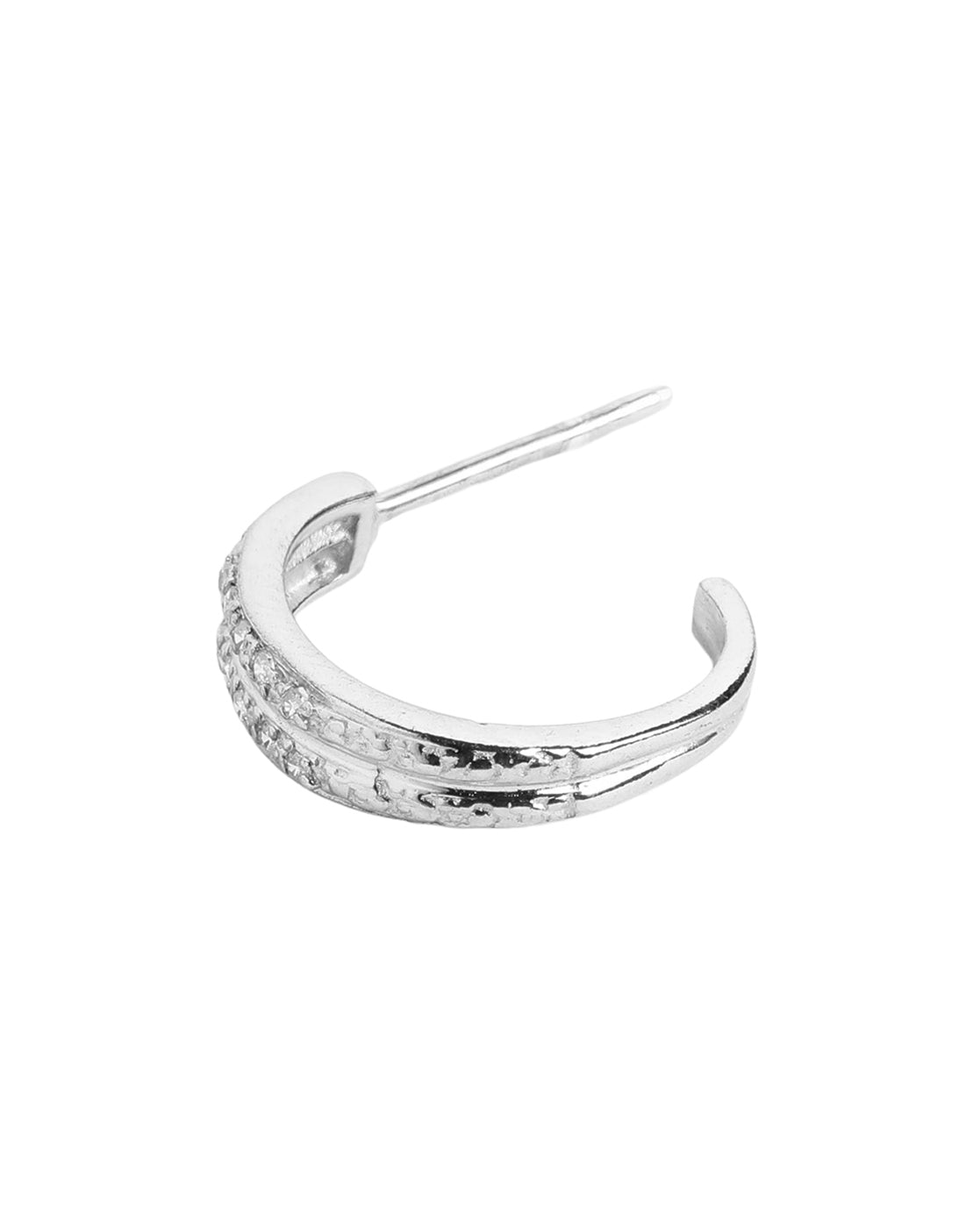 925 Sterling Silver Rhodium Plated CZ Textured Mini Half Hoop Earring