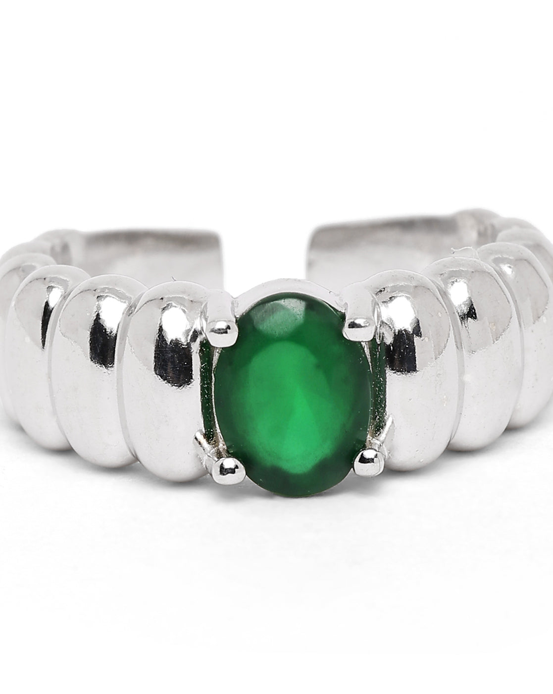 Rhodium Plated Emerald Blue Stone Adjustable Ring