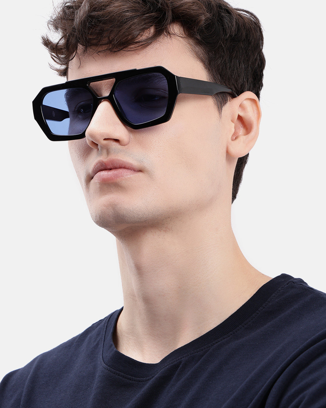 Unisex Black Toned UV Protected Blue Lens Hexagonal Sunglasses