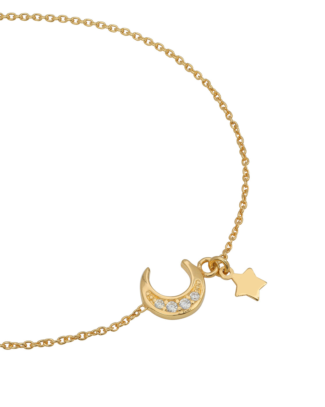 925 Sterling Silver 18kt Gold Plated CZ Moon and Star Charm Bracelet