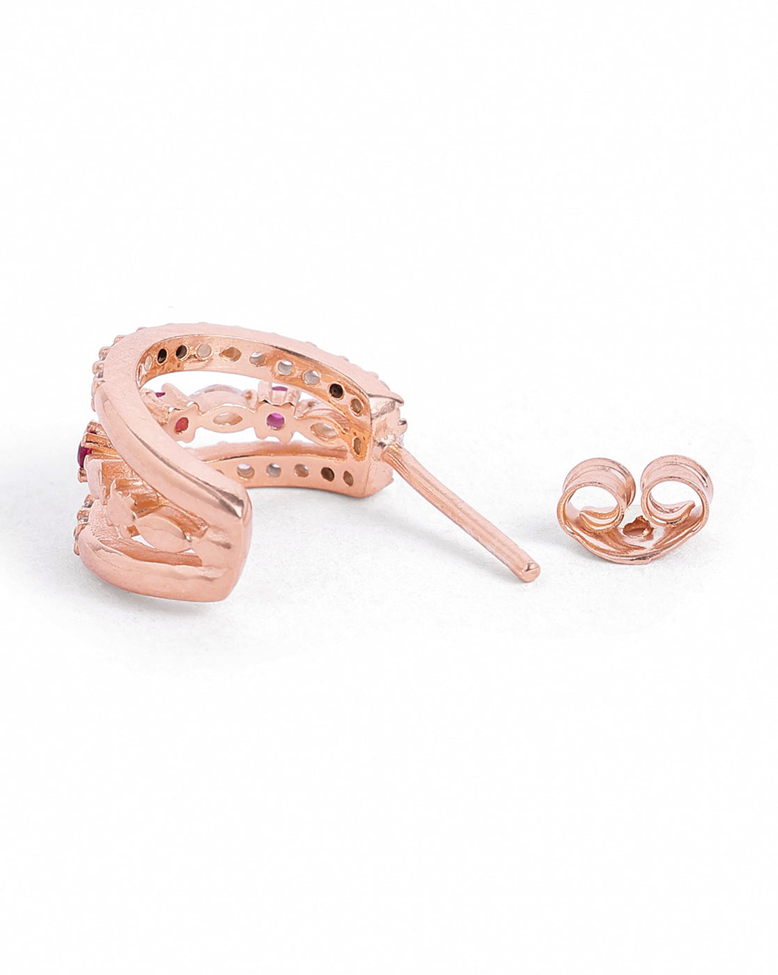 18kt Rose Gold Plated Ruby Studded Triple Band Layered Half Hoop Earring