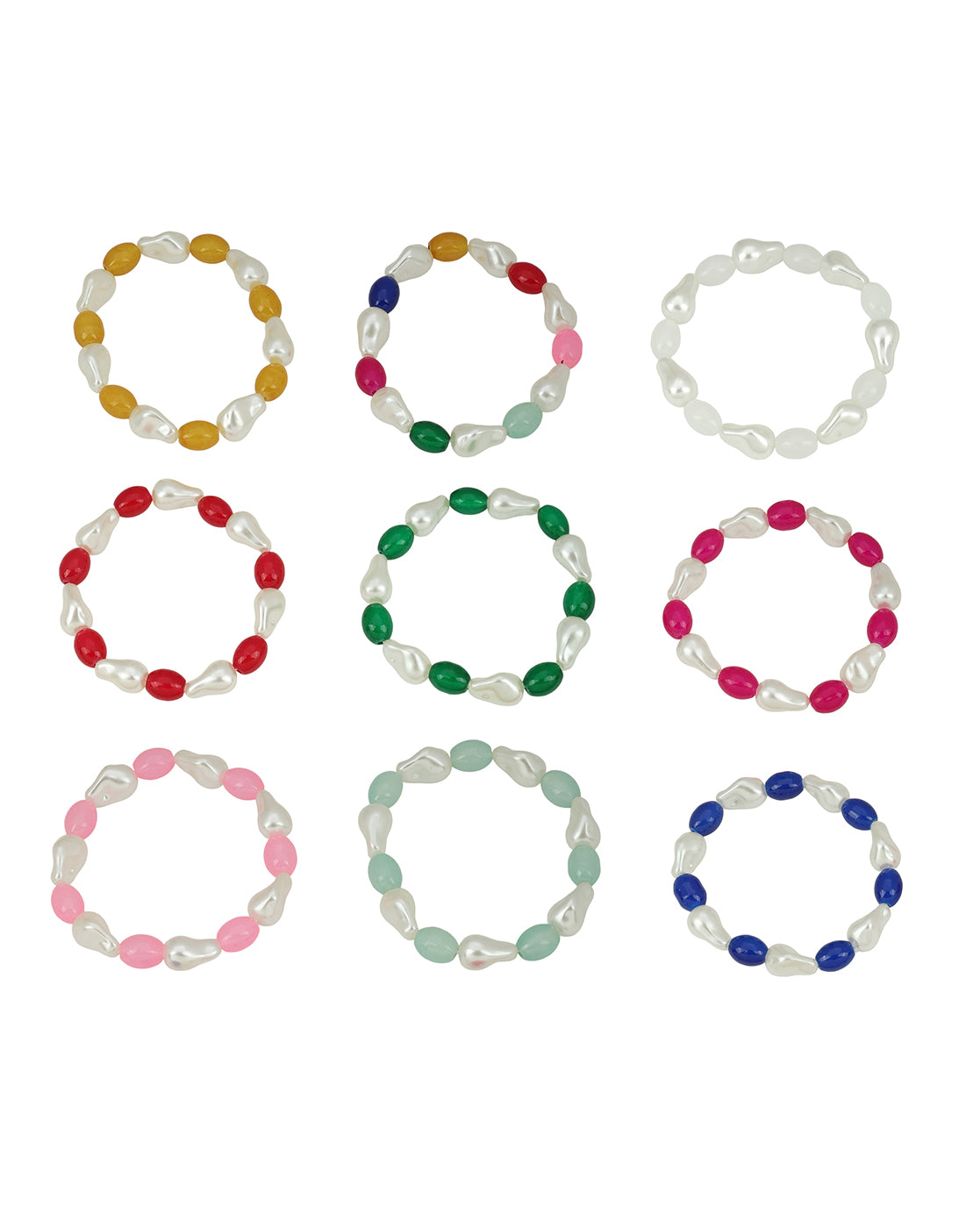 Set of 9 Multi Coloured Bead & Pearl Stretchable Bracelet for Girl