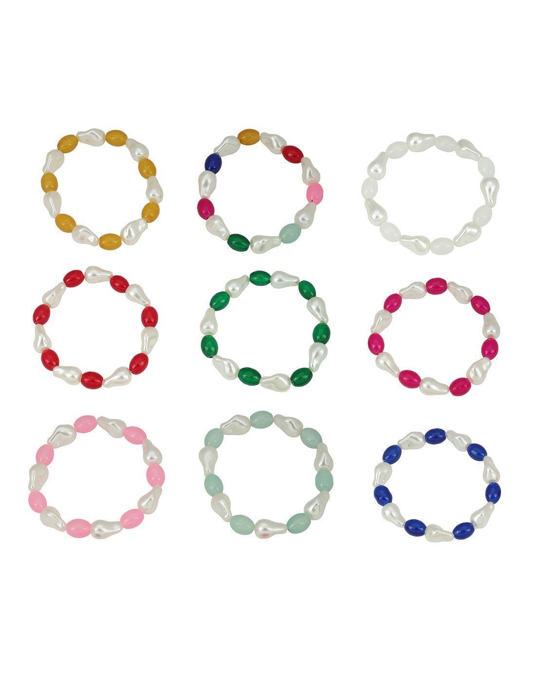 Set of 9 Multi Coloured Bead & Pearl Stretchable Bracelet for Girl