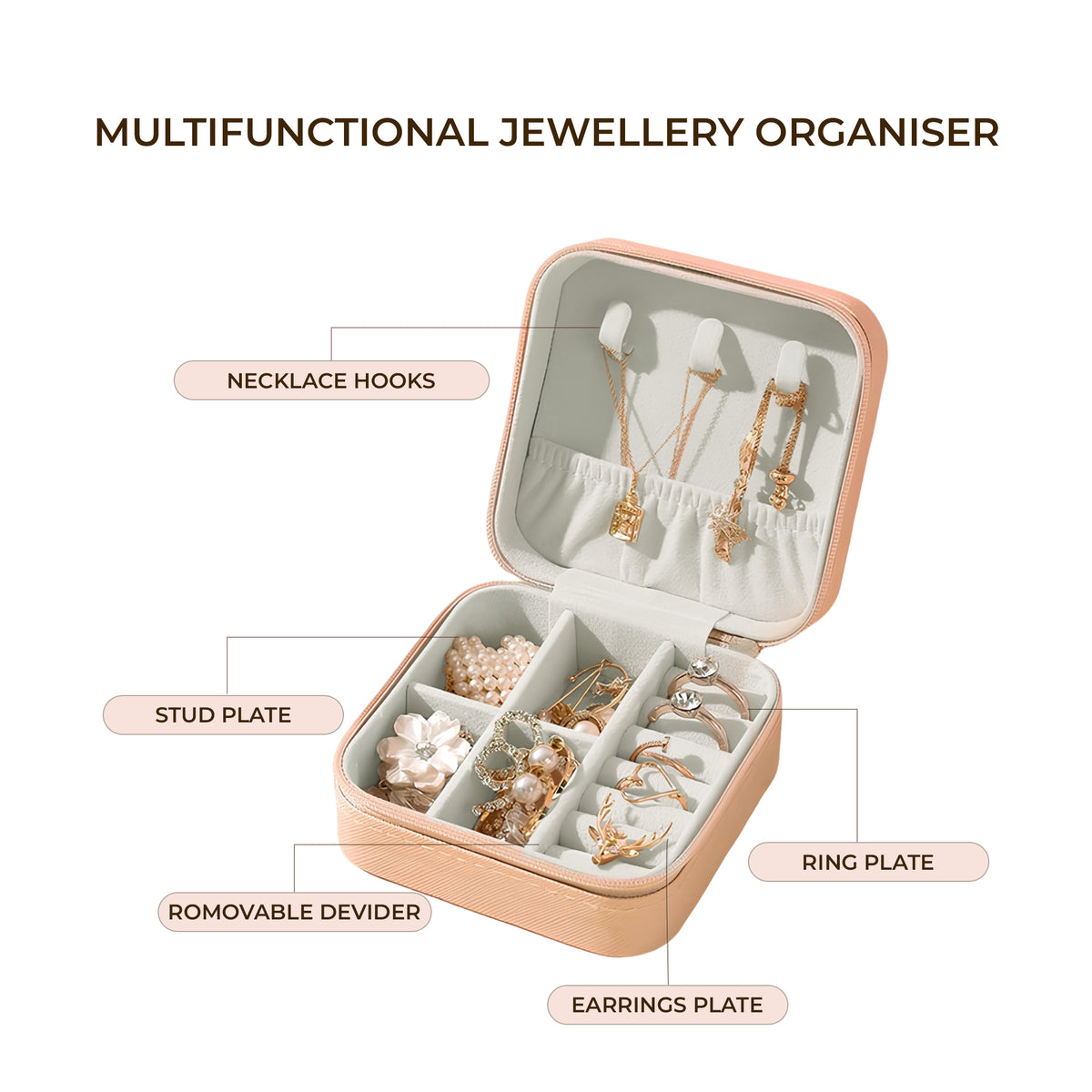 PU Mini Travel Jewellery Organizer Squart Peach - CLJW-07