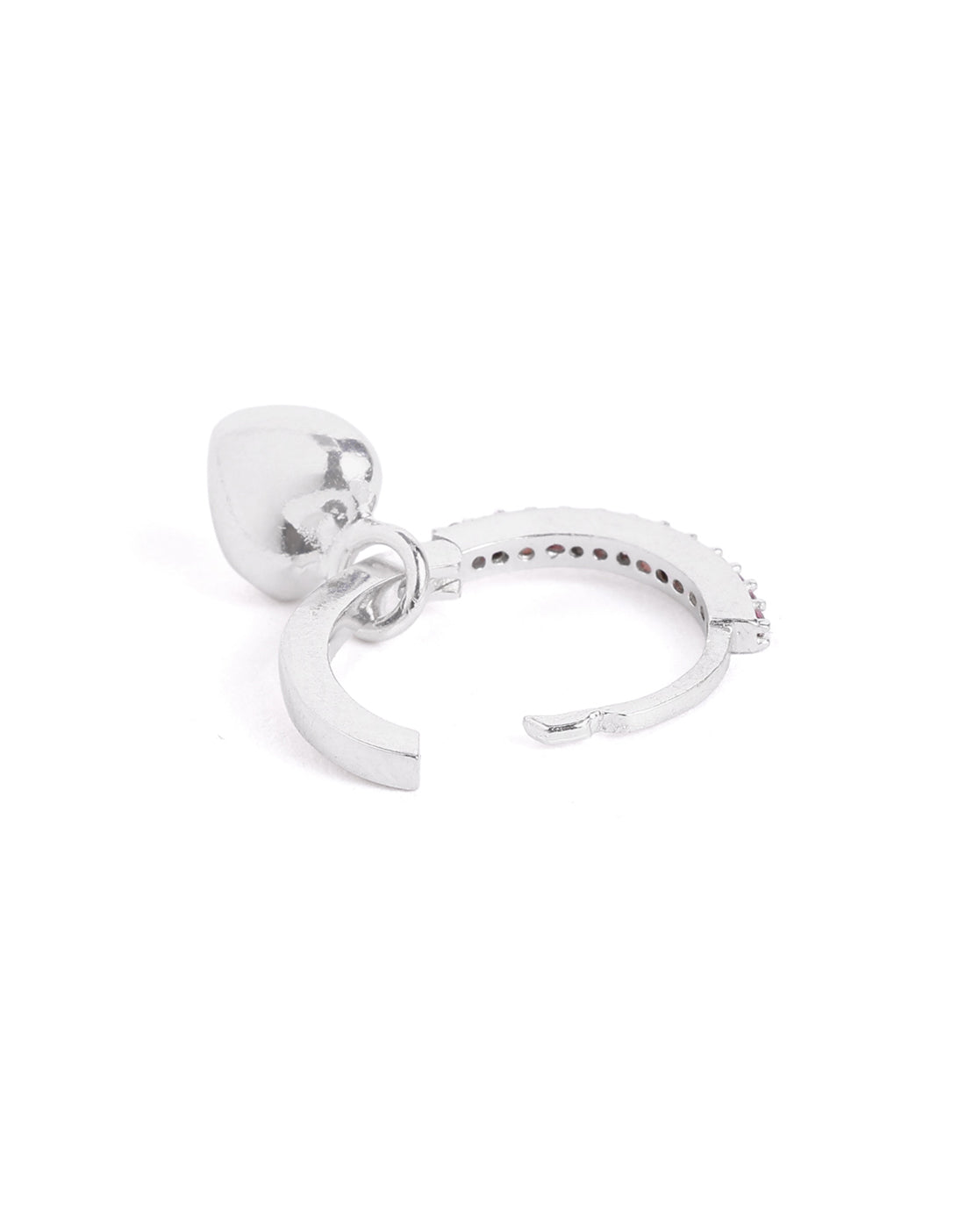 Rhodium Plated Ruby Red Studded Dangling Puffed Heart Mini Hoop Earring