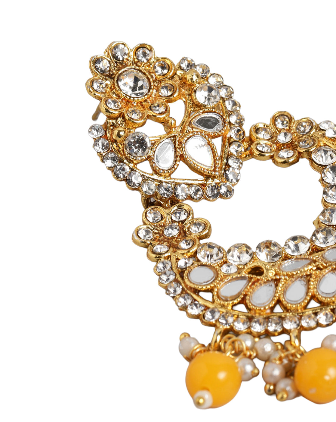 Gold Plated Mirror-Detail Chandbali Earrings with Yellow Bead Drops