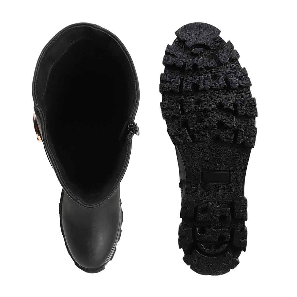 Women Block-Heeled Buckle Detail Winter Long Boots
