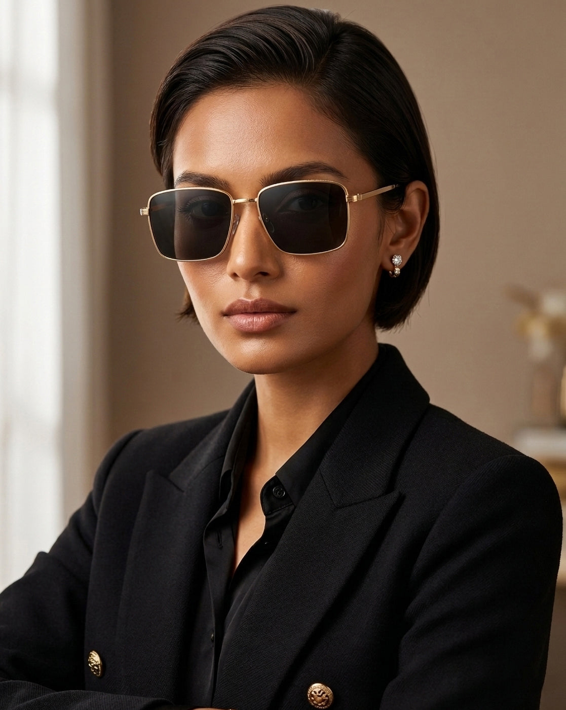 Unisex Gold and Black Toned Black Polarised Lens Rectangle Sunglasses