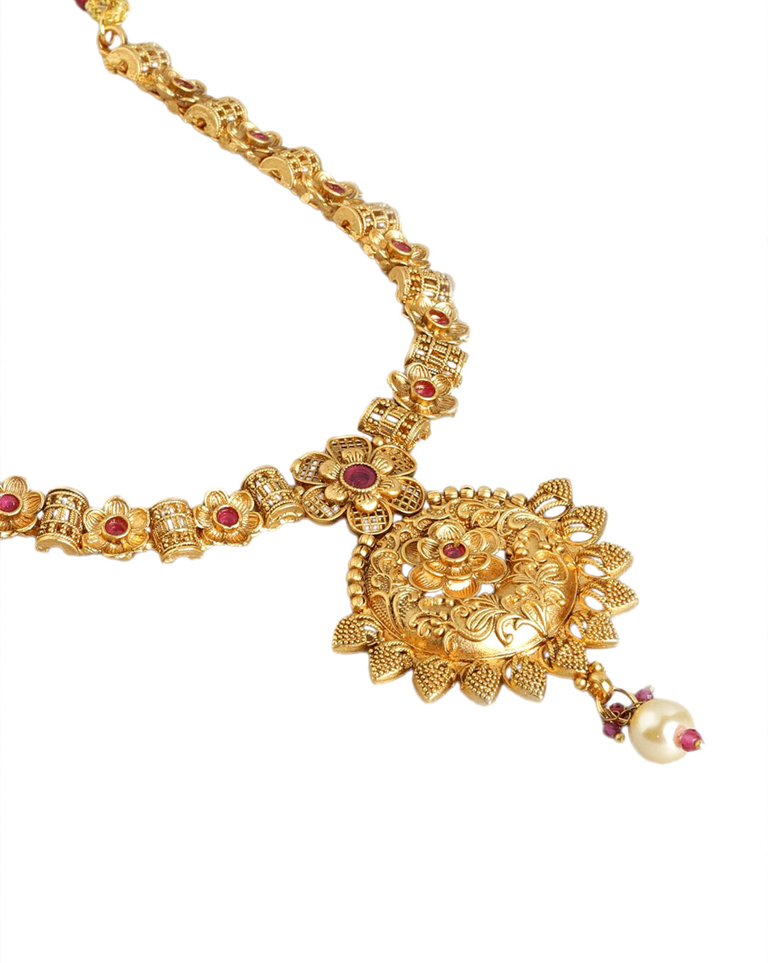 Gold Plated Traditional Ruby Red Floral Necklace and Earring with Maang Tika Set