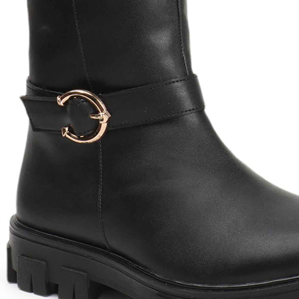 Women Block-Heeled Buckle Detail Winter Long Boots