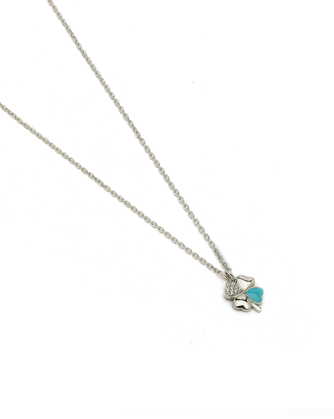 925 Sterling Silver Rhodium Plated CZ Enamel Clover Pendant and Chain