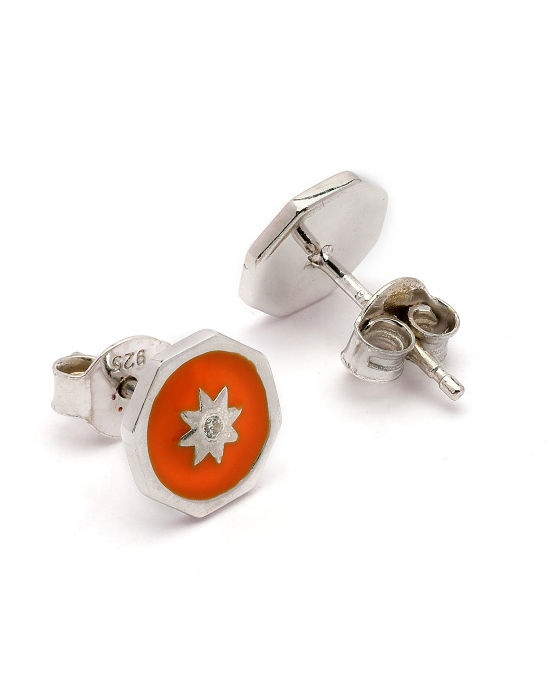 925 Sterling Silver Rhodium Plated Enamel Hexagon Stud Earring