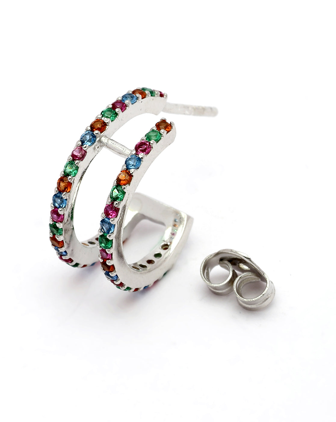 Rhodium Plated Multi Colour CZ Half Hoop Earring