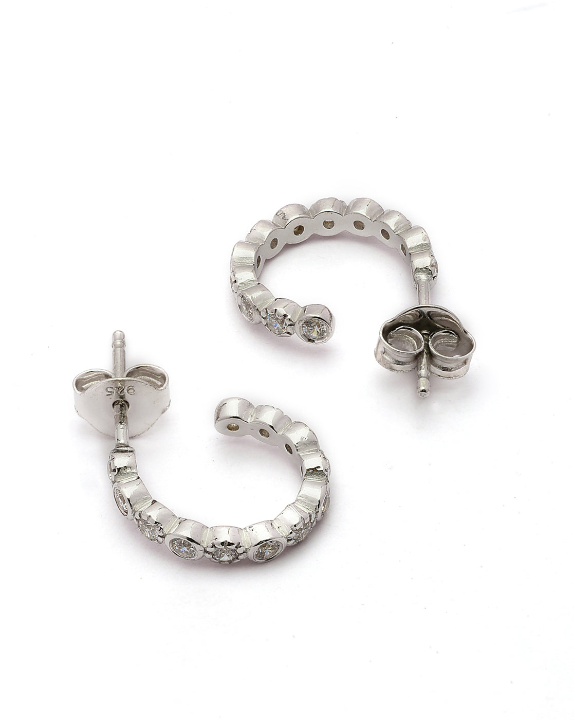 925 Sterling Silver Rhodium Plated CZ Half Hoop Earring