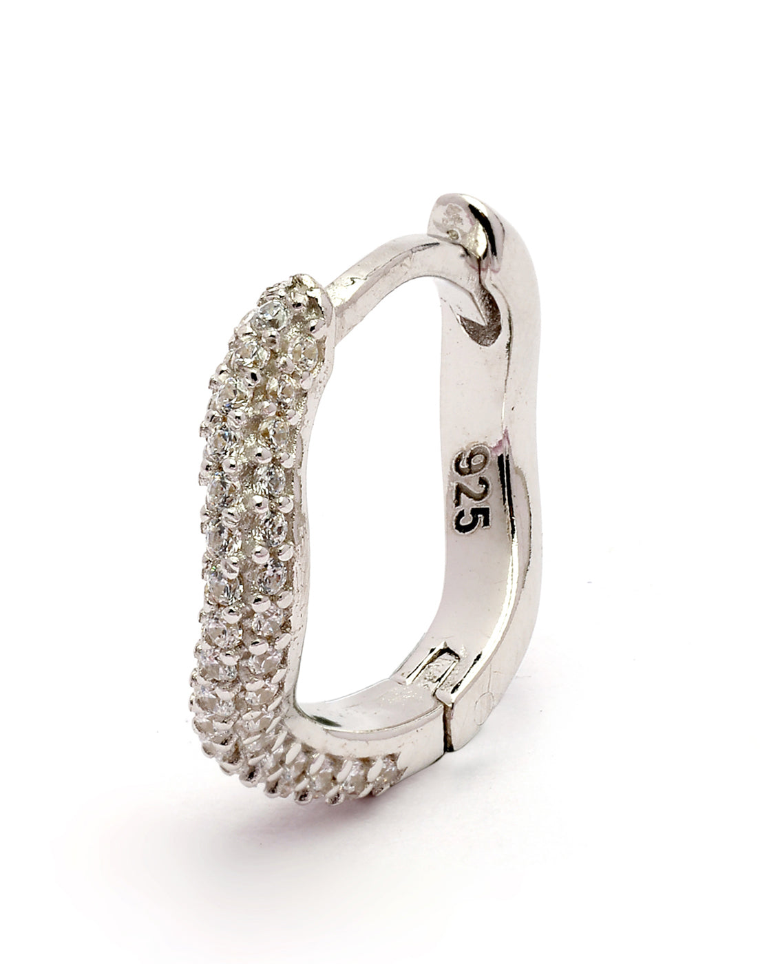 925 Sterling Silver Rhodium Plated CZ Sculpted Curve Hoop Earring