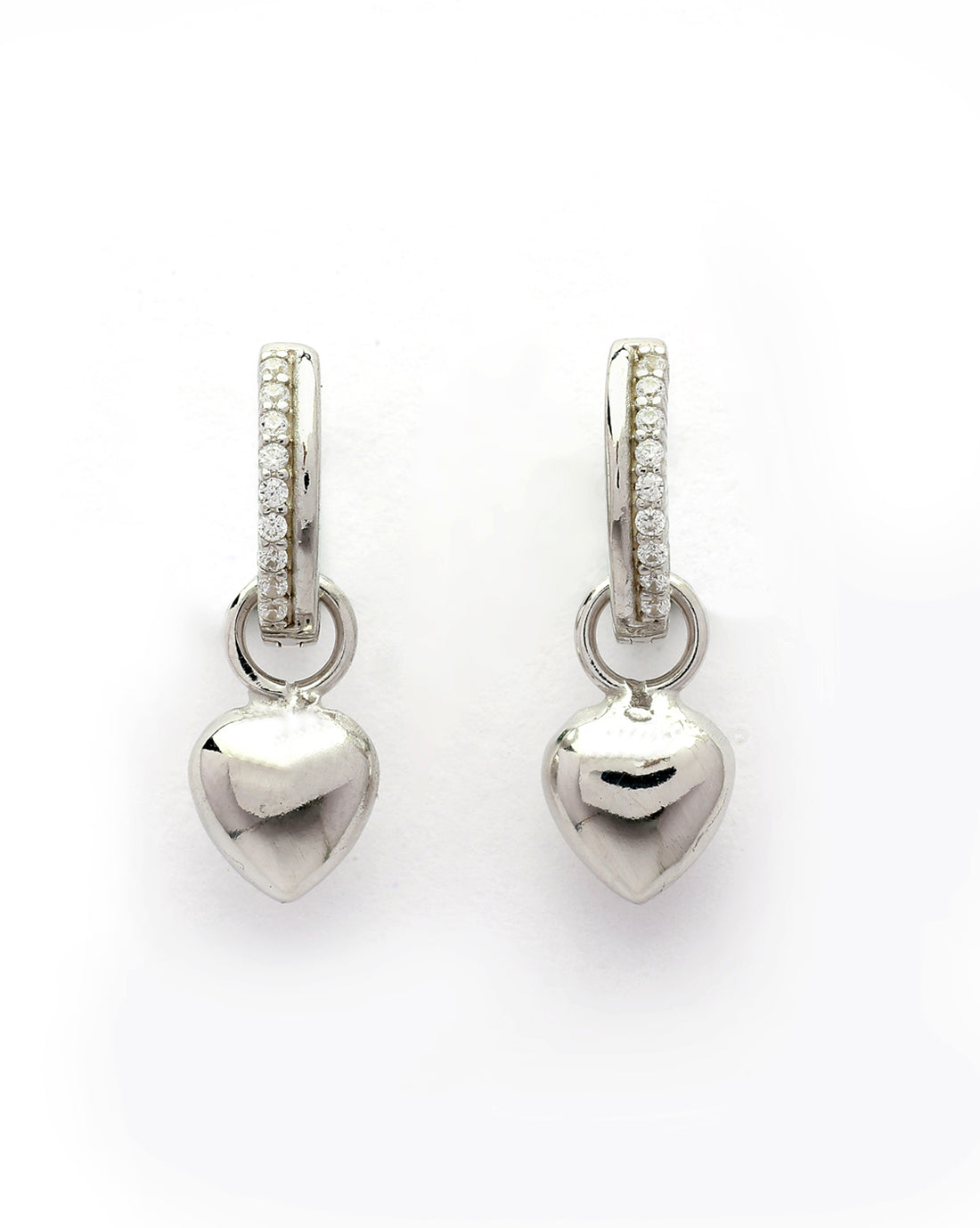 925 Sterling Silver Rhodium Plated CZ Dangling Heart Hoop Earring
