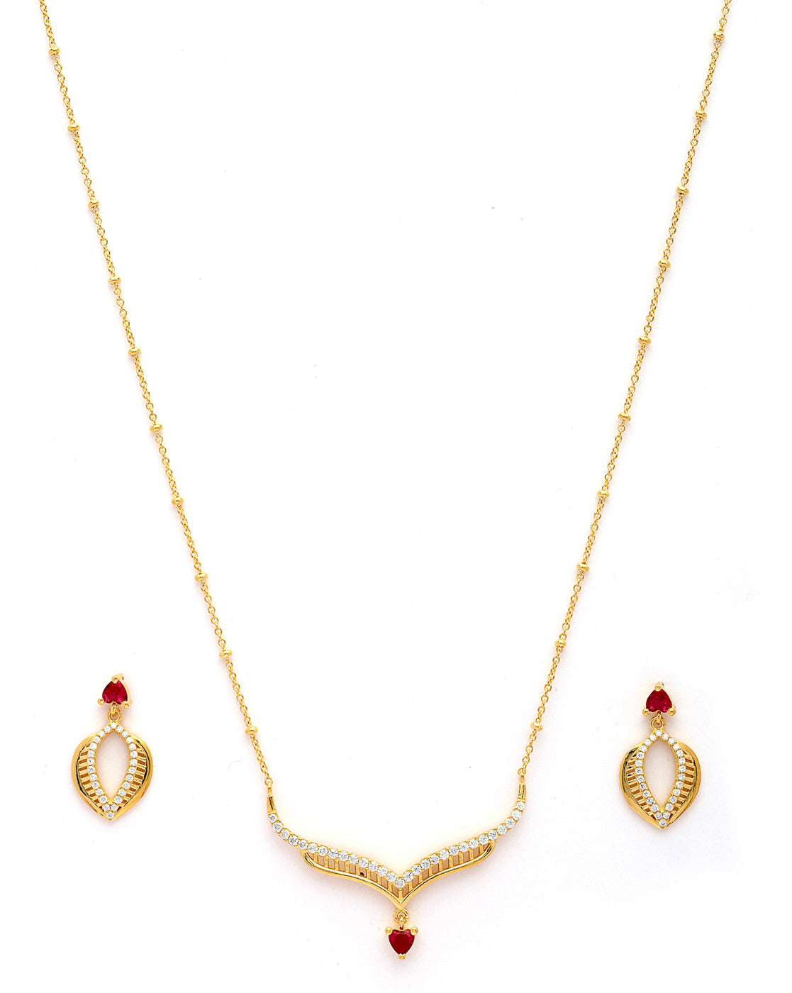 18kt Gold Plated Red CZ Heart Necklace and Earring Set