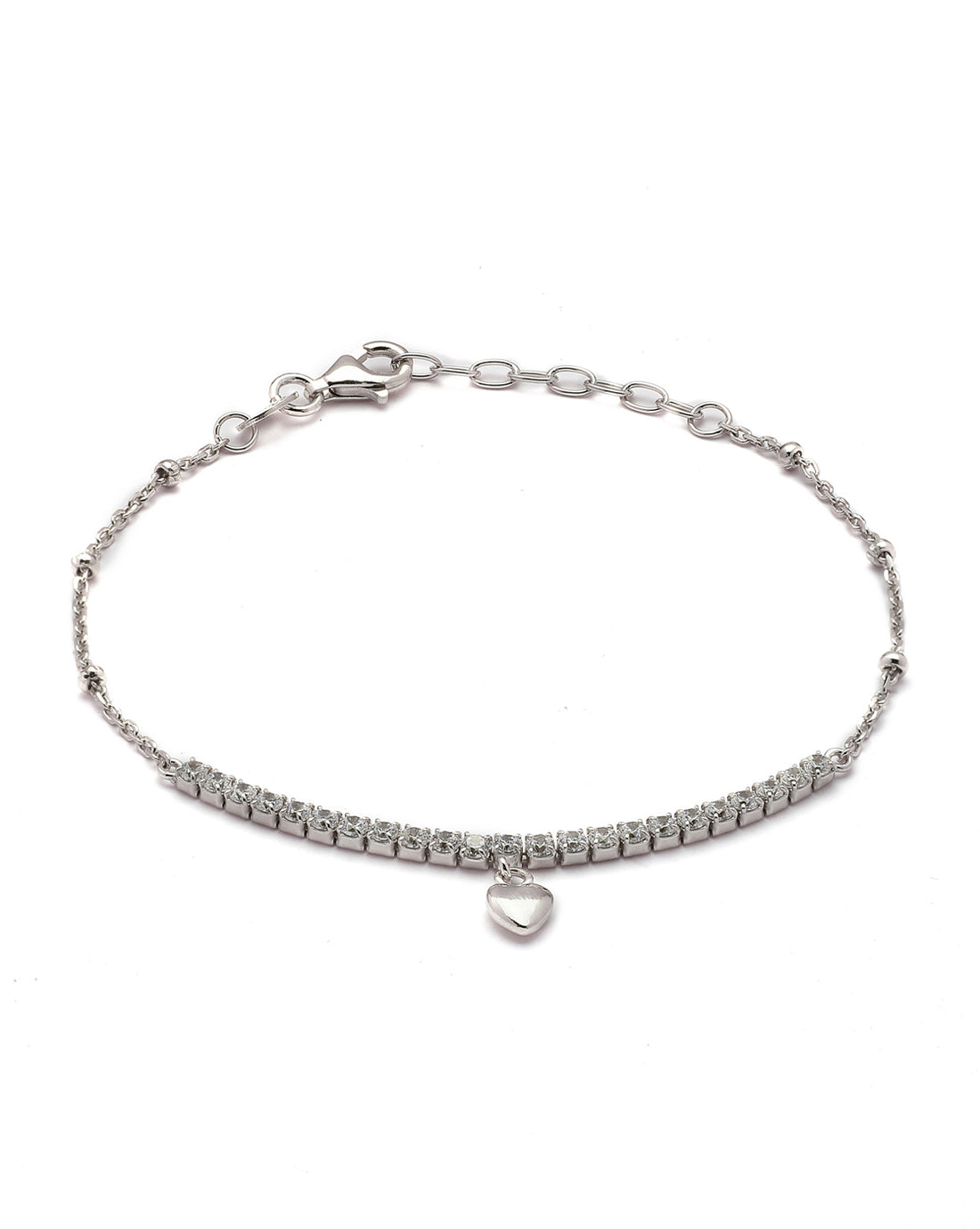 925 Sterling Silver Rhodium Plated CZ Heart Charm Bracelet