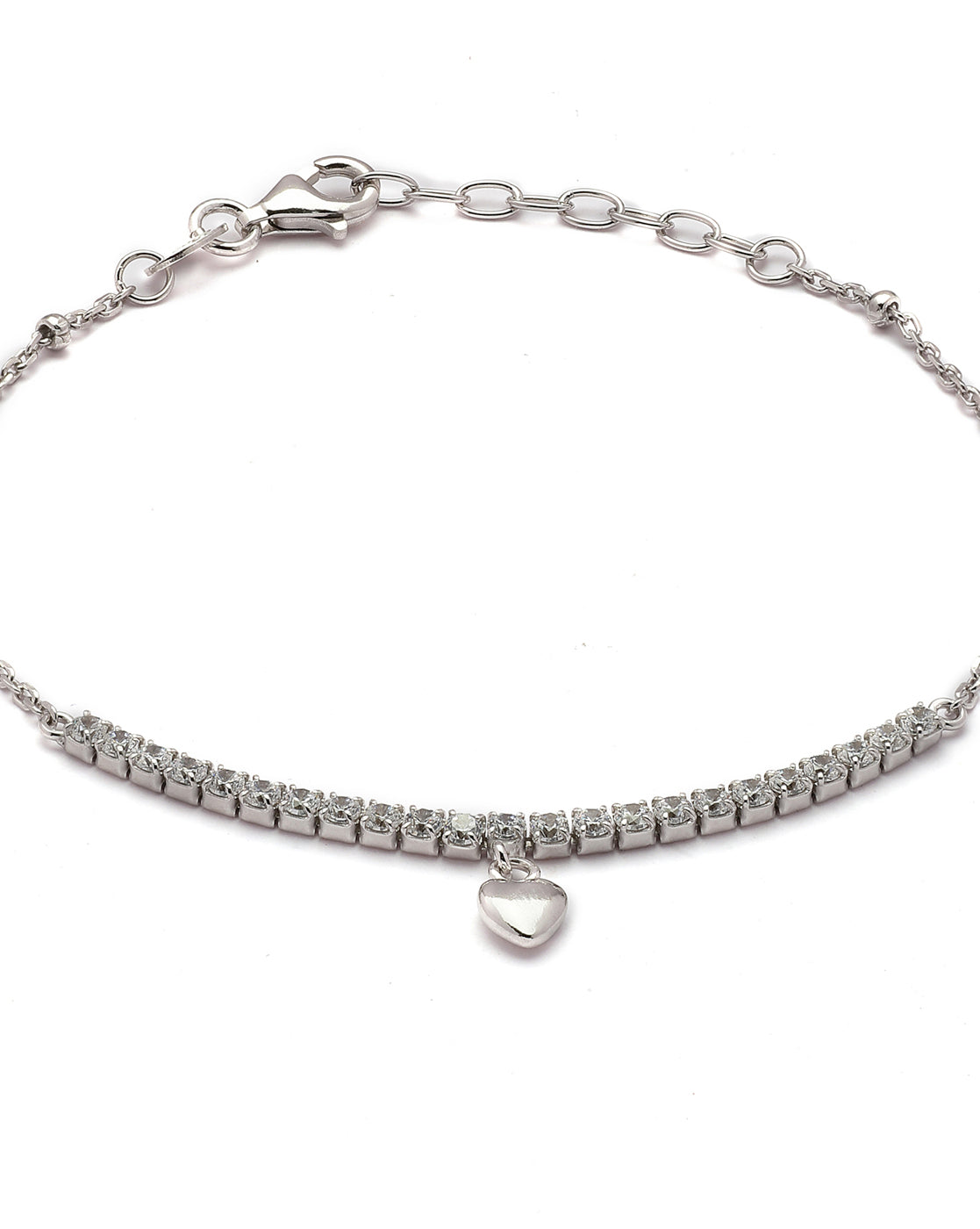 925 Sterling Silver Rhodium Plated CZ Heart Charm Bracelet