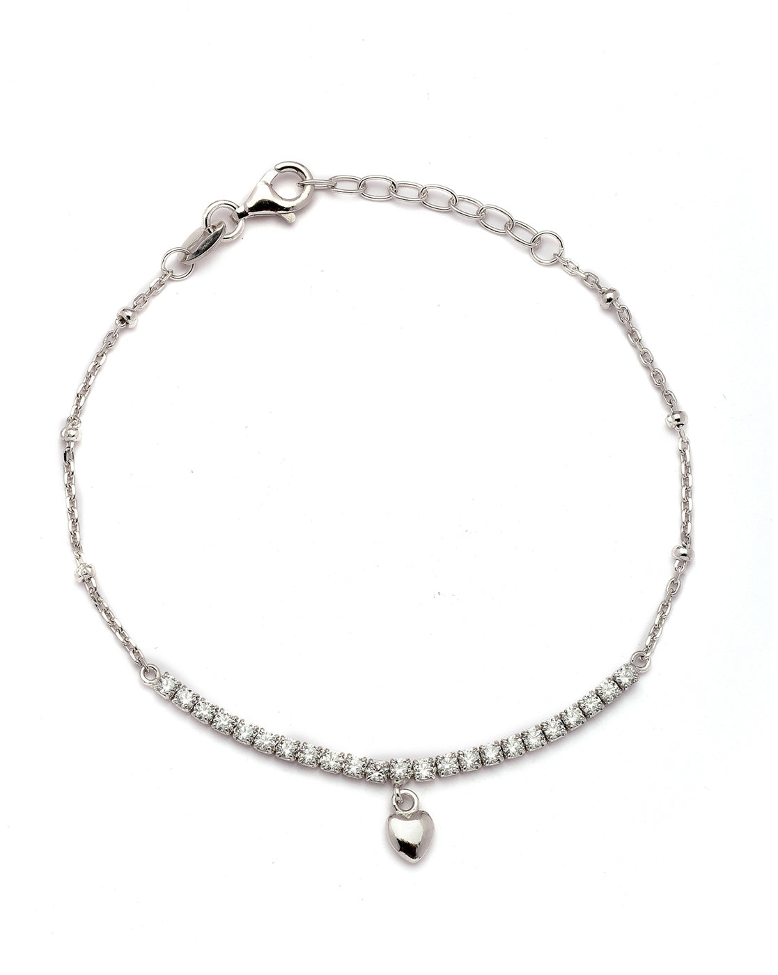 925 Sterling Silver Rhodium Plated CZ Heart Charm Bracelet