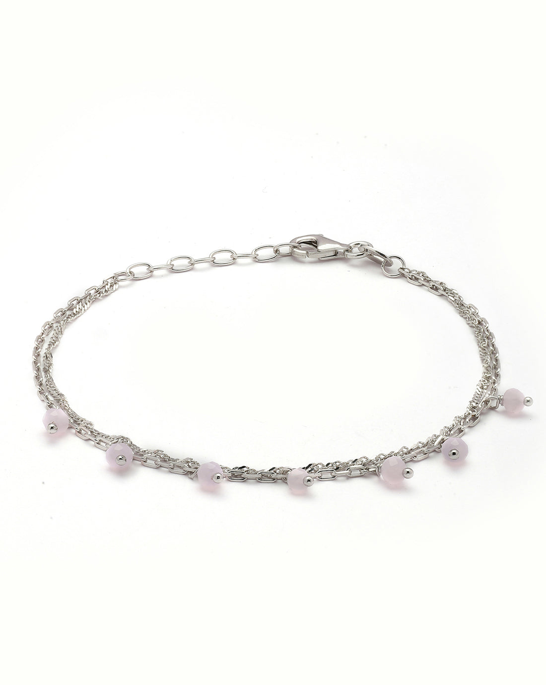 925 Sterling Silver Rhodium Plated Pink Glass Bead Double Chain Bracelet