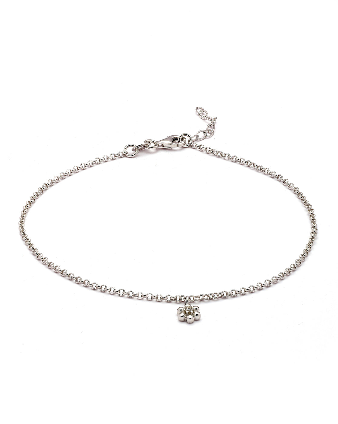 925 Sterling Silver Rhodium Plated CZ Floral Charm Anklet