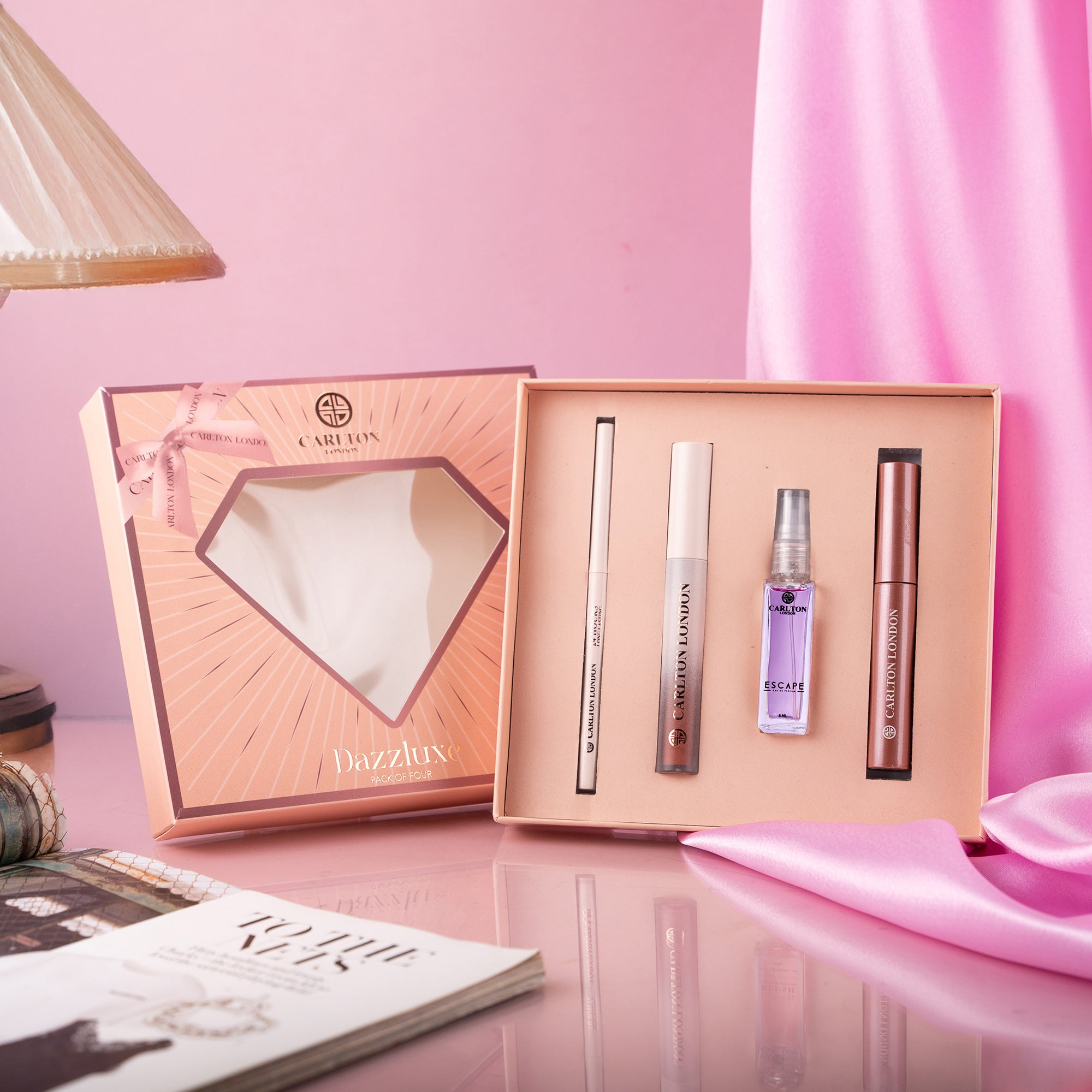 Carlton London Cosmetic DAZZLUXE Gift Set With Lipstick, Perfume, Eyeliner & Kajal (Pack of 4)