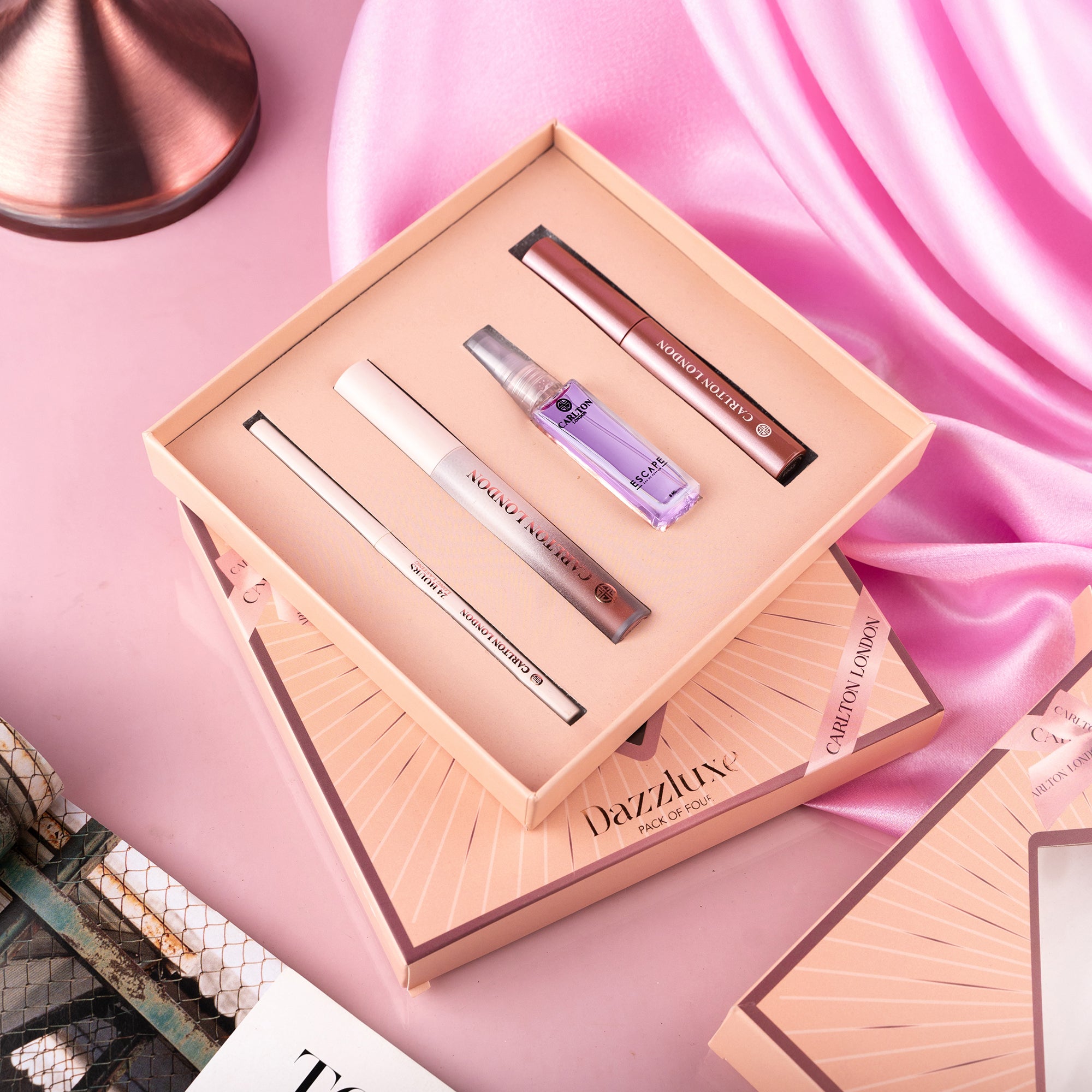 Carlton London Cosmetic DAZZLUXE Gift Set With Lipstick, Perfume, Eyeliner & Kajal (Pack of 4)