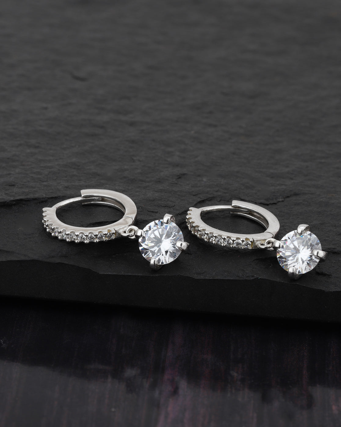 Carlton London Rhodium Plated Hoop Earring With Dangling Cz Stone For Women