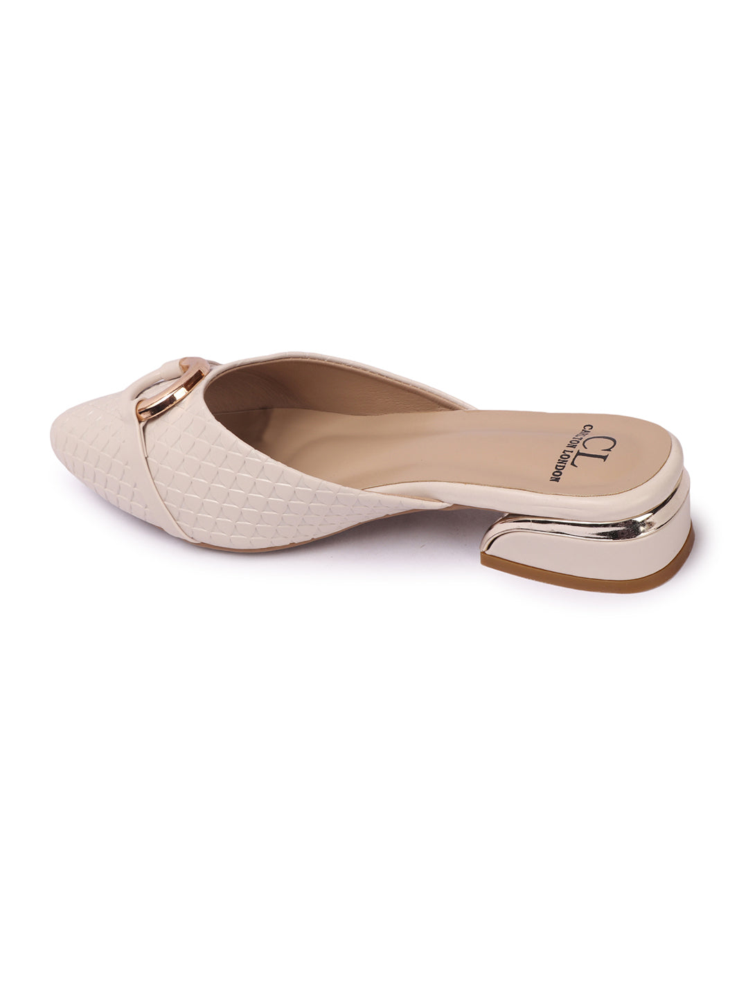 Elegant Textured Mules with Gold Buckle and Block Heel