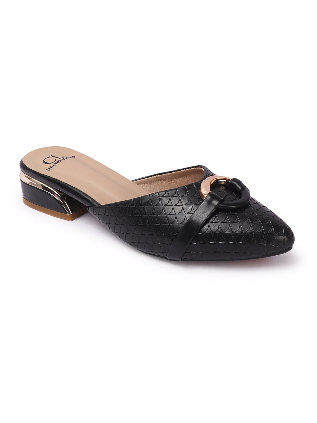 Elegant Textured Mules with Gold Buckle and Block Heel