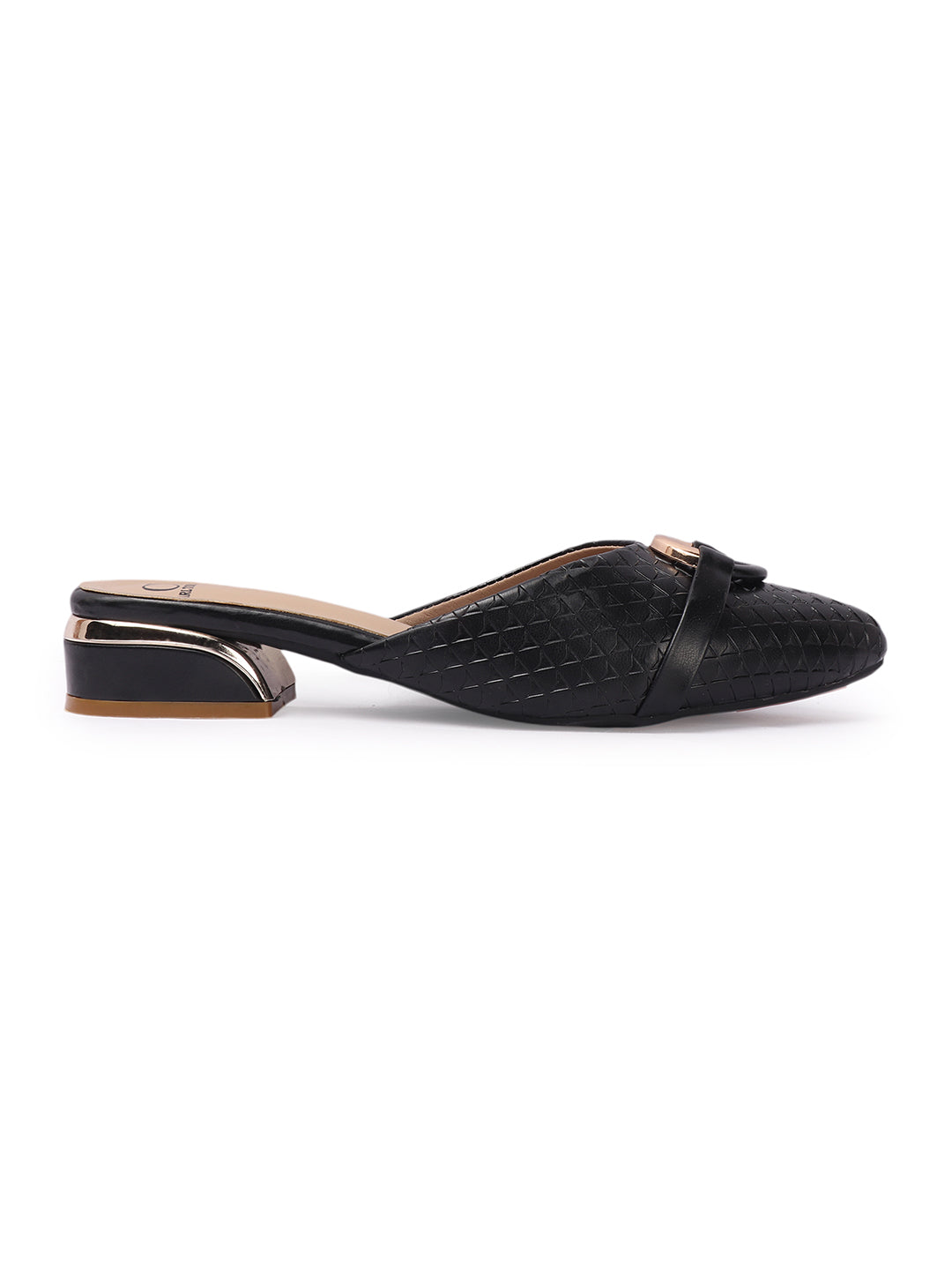 Elegant Textured Mules with Gold Buckle and Block Heel