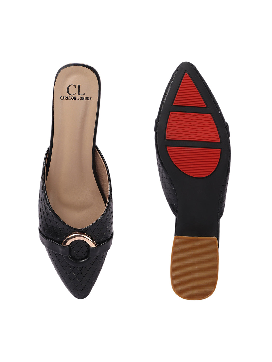 Elegant Textured Mules with Gold Buckle and Block Heel