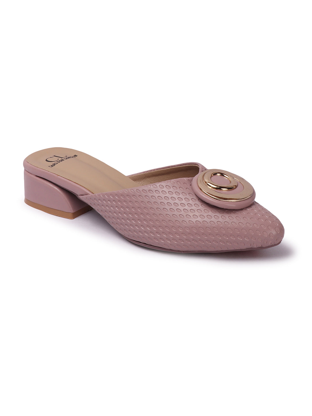 Elegant Textured Mules with Unique Gold Buckle and Block Heel