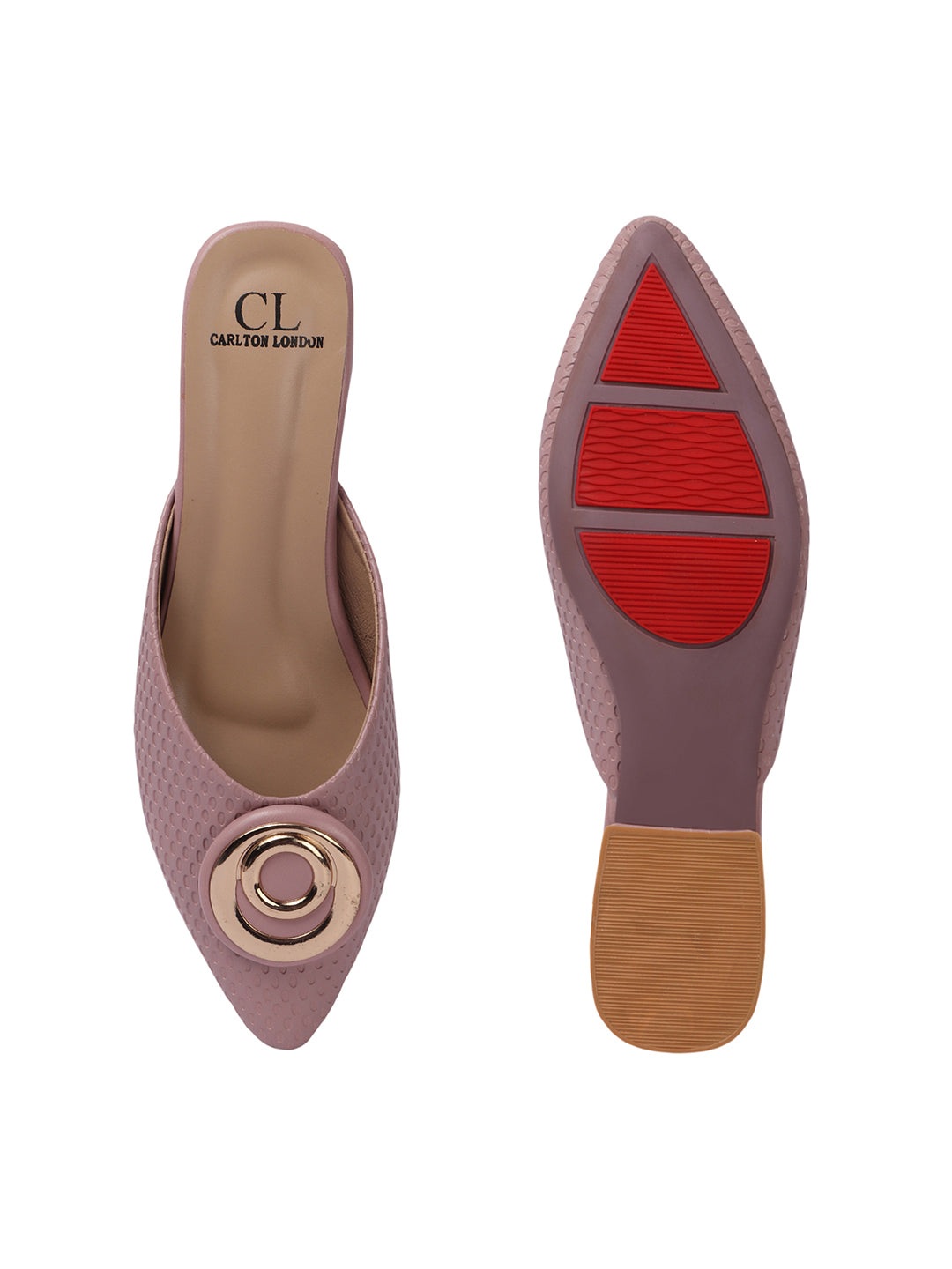 Elegant Textured Mules with Unique Gold Buckle and Block Heel