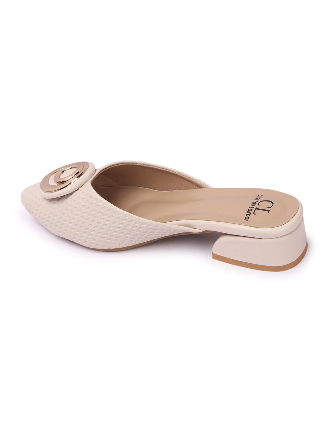 Elegant Textured Mules with Unique Gold Buckle and Block Heel