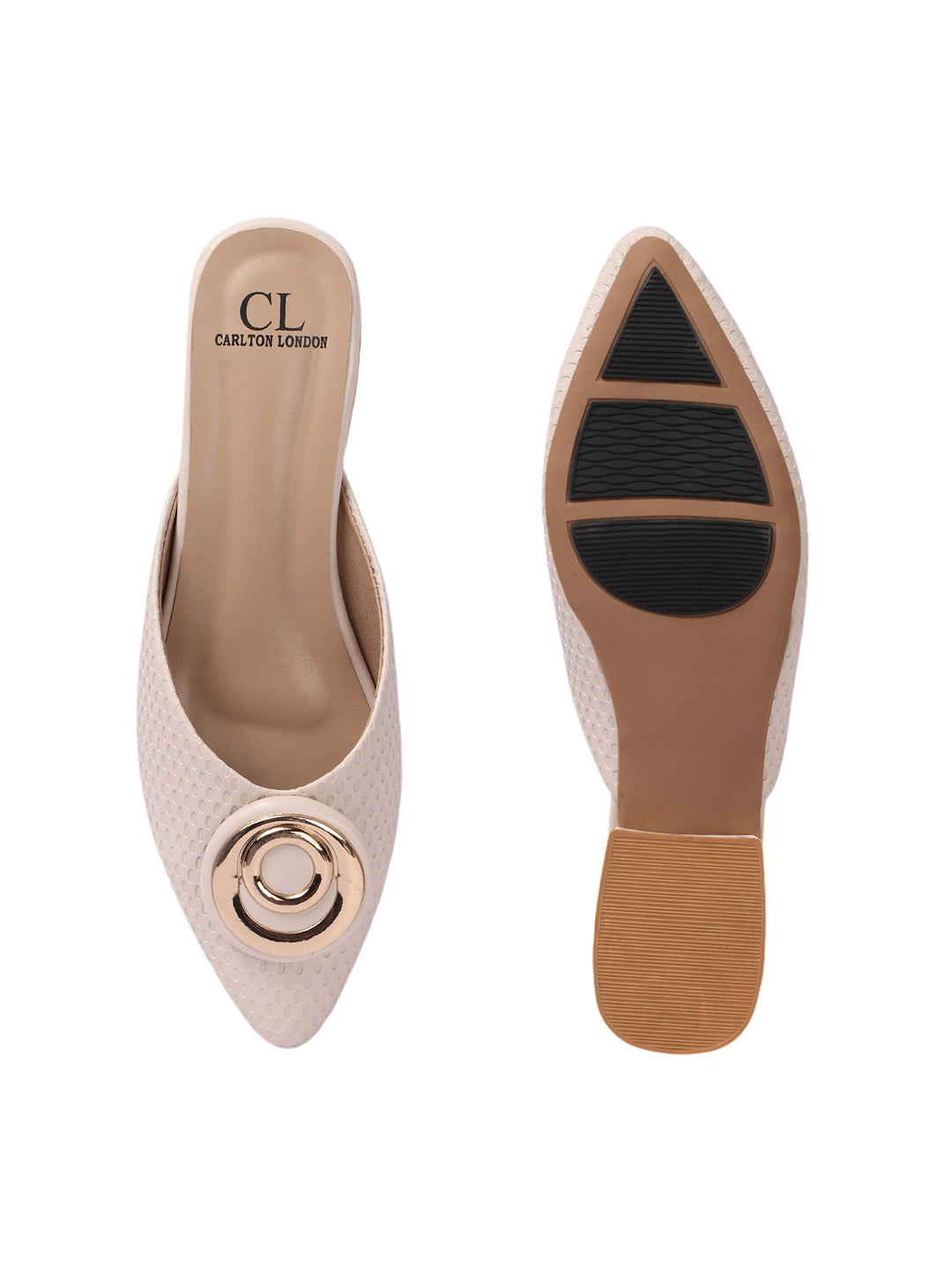 Elegant Textured Mules with Unique Gold Buckle and Block Heel