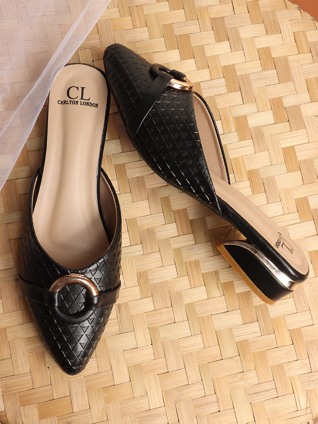 Elegant Textured Mules with Gold Buckle and Block Heel