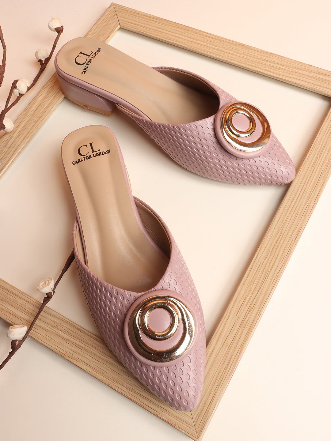 Elegant Textured Mules with Unique Gold Buckle and Block Heel