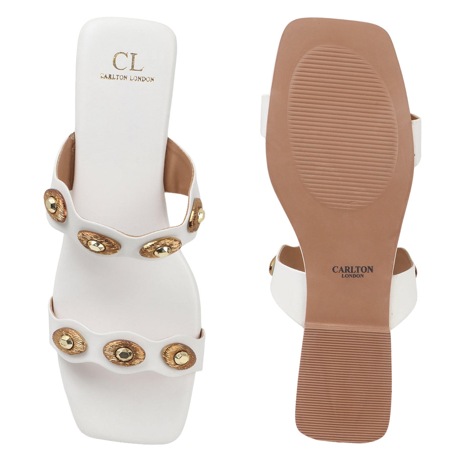 Flat Slide Sandals with Gold Medallion Embellishments