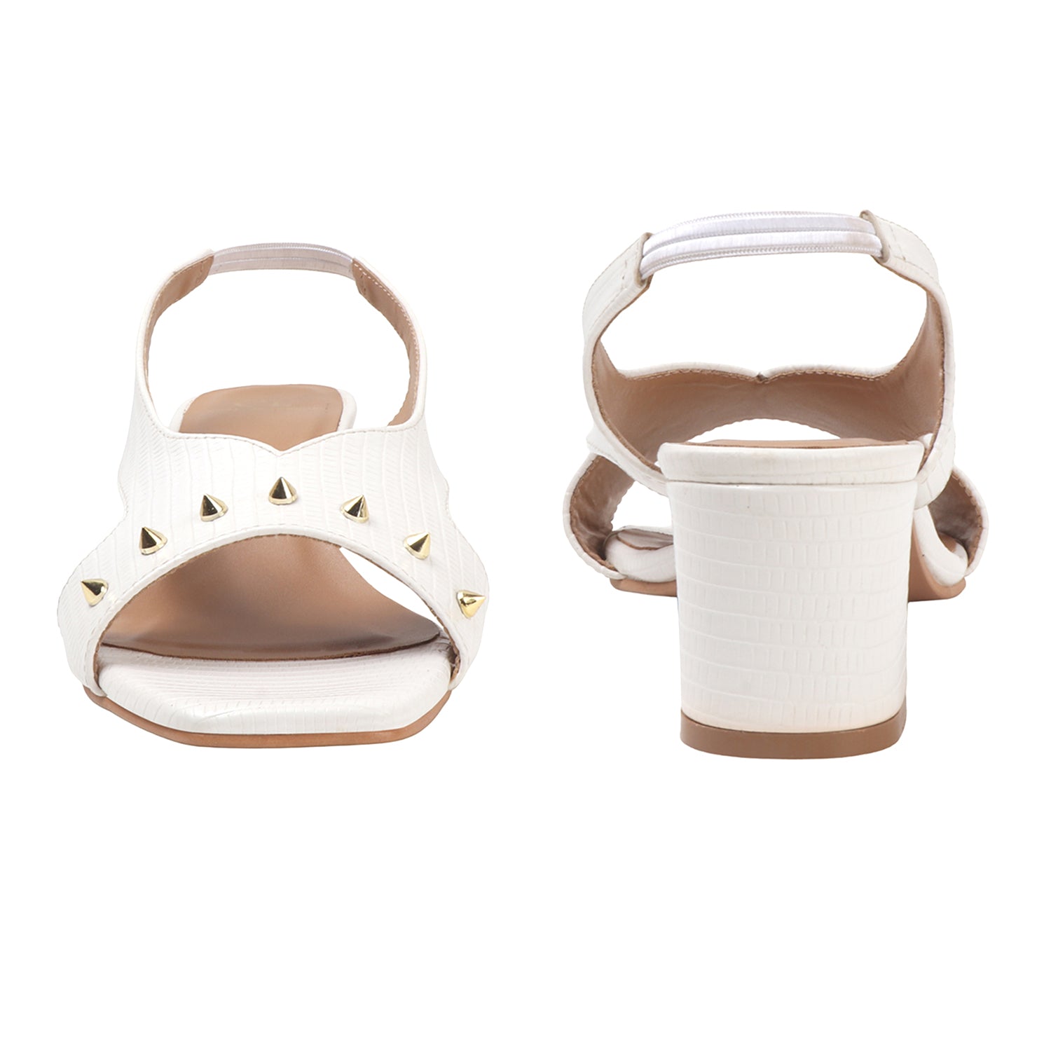 White Textured Slingback Block Heels with Gold Stud Detail